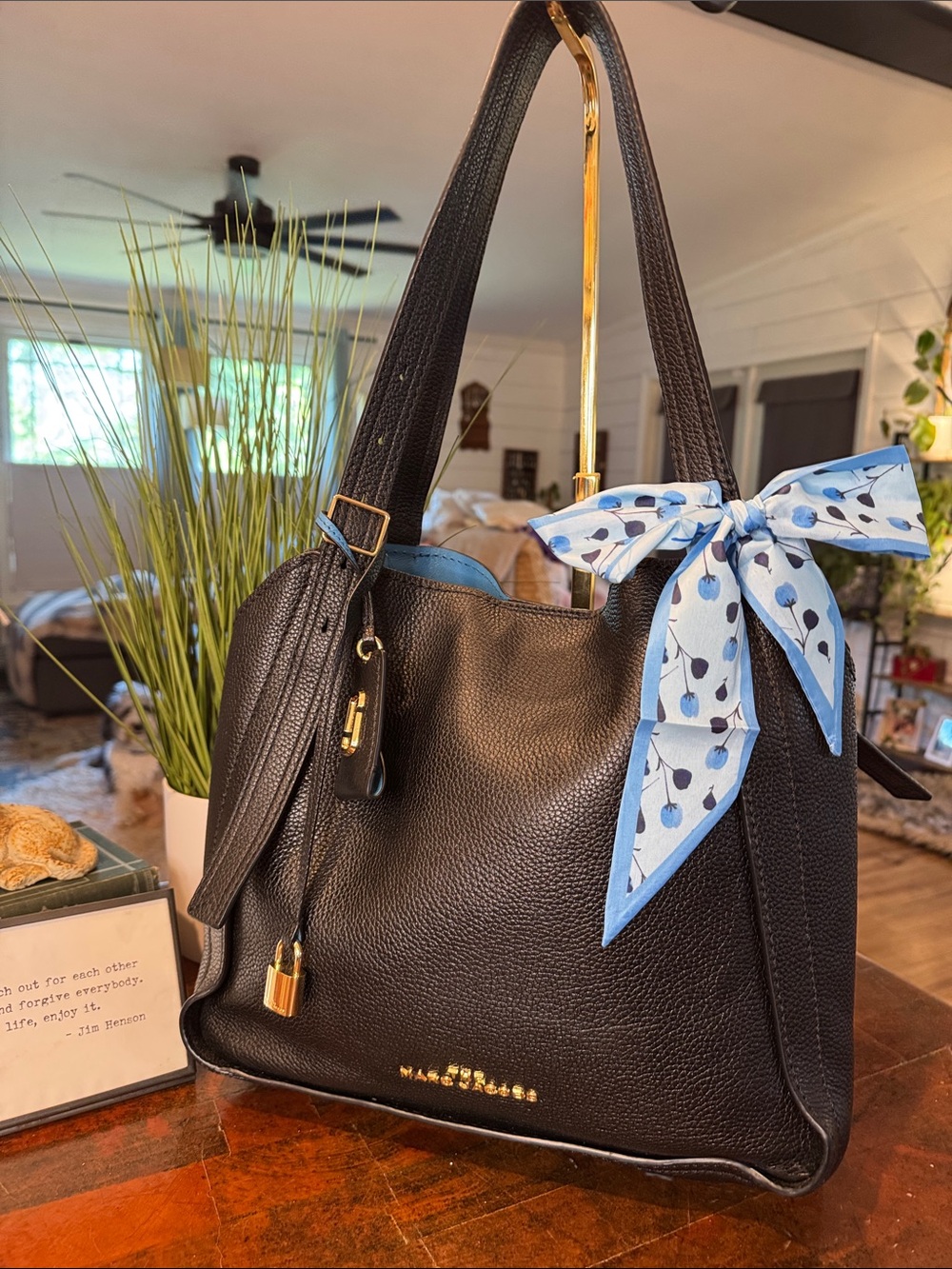 Marc Jacobs “The Director” Bag- Leather Tote Bag with Blue Scarf Accent